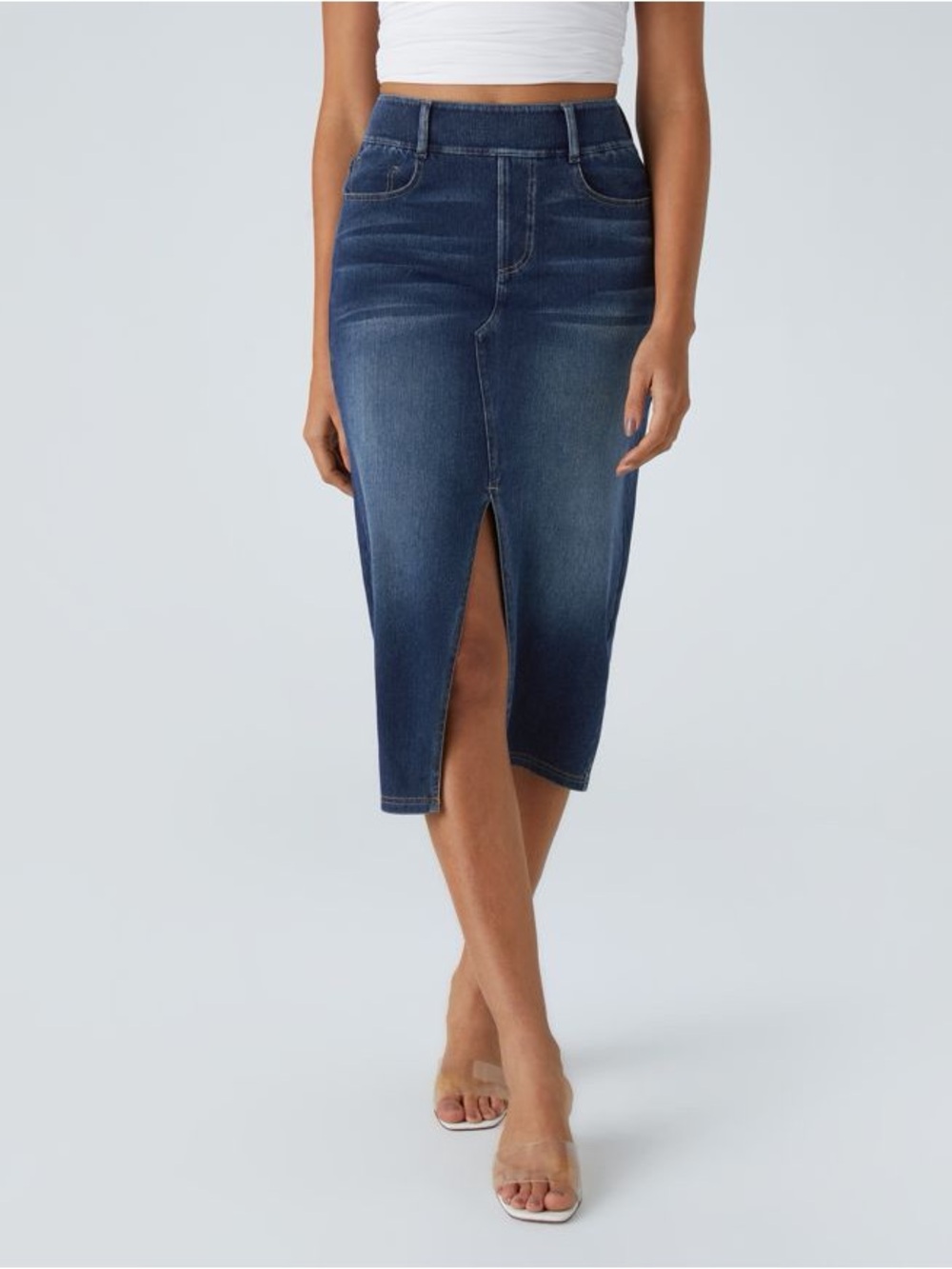 Halara Flex™ High Waisted Pockets Bodycon Washed Denim Casual Midi